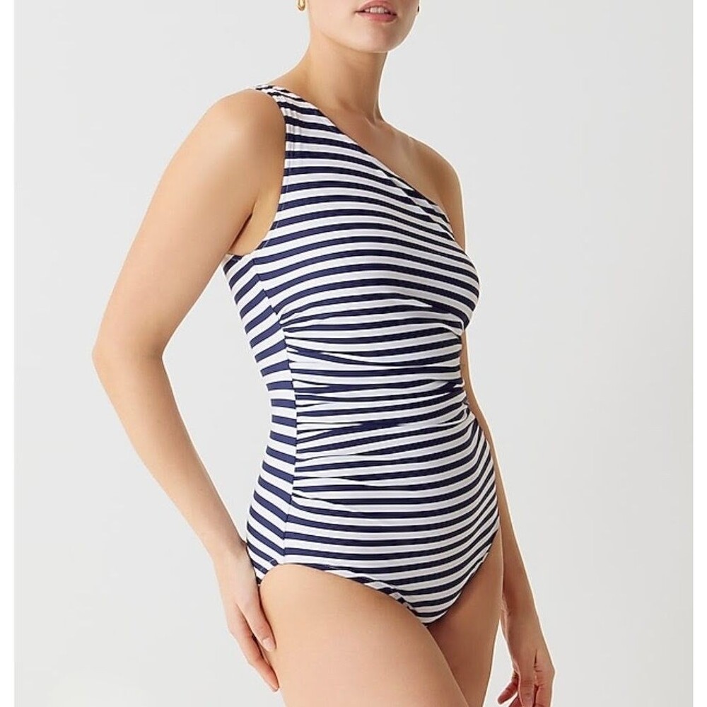 J Crew Plus Size 20 Ruched One Shoulder One Piece Swimsuit Striped Slimming